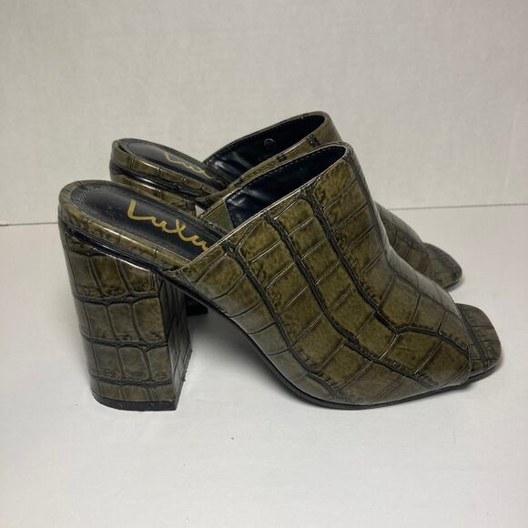 Lulus Croc Pattern Peep Toe Block Heel Mules Womens 7.5 Olive Green Faux Leather - Picture 4 of 10